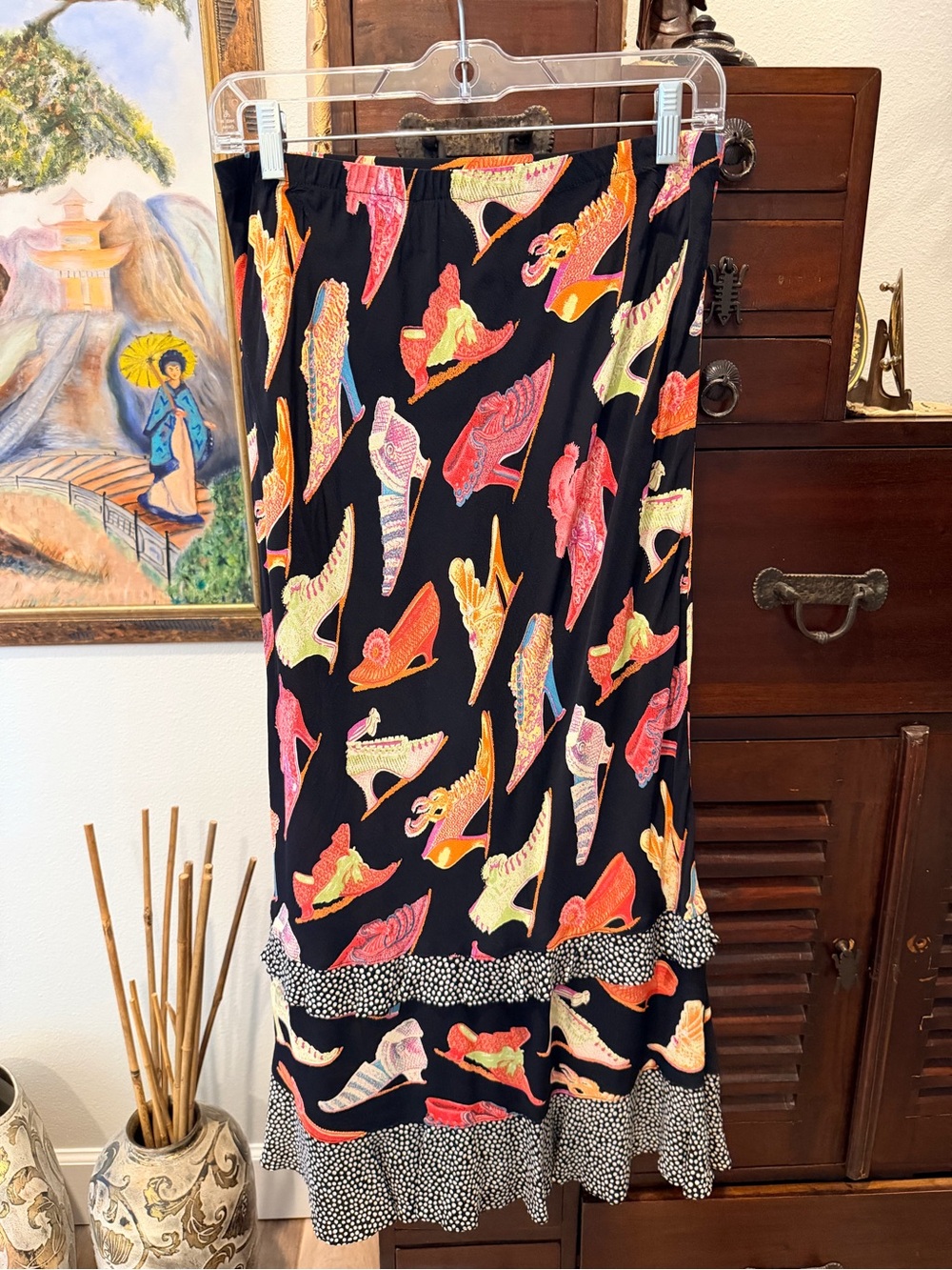 FLM Limited. Vintage Black Midi Skirt with MulticolorShoe Print and Ruffle Hem